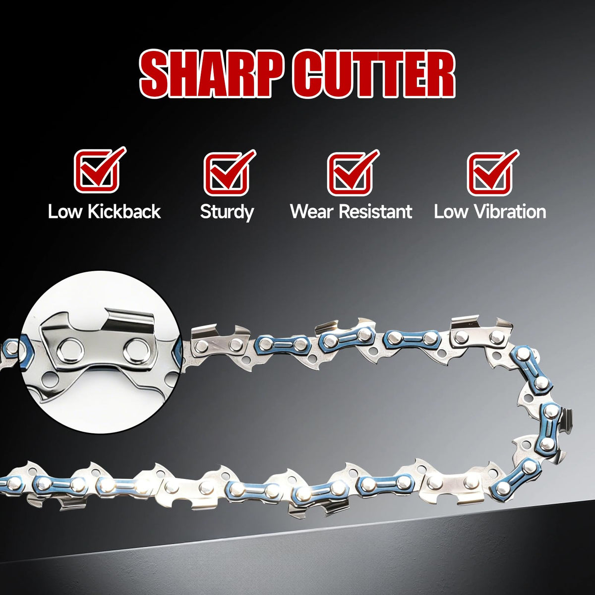 Vetoper chain with hardened rivets improves wear resistance.