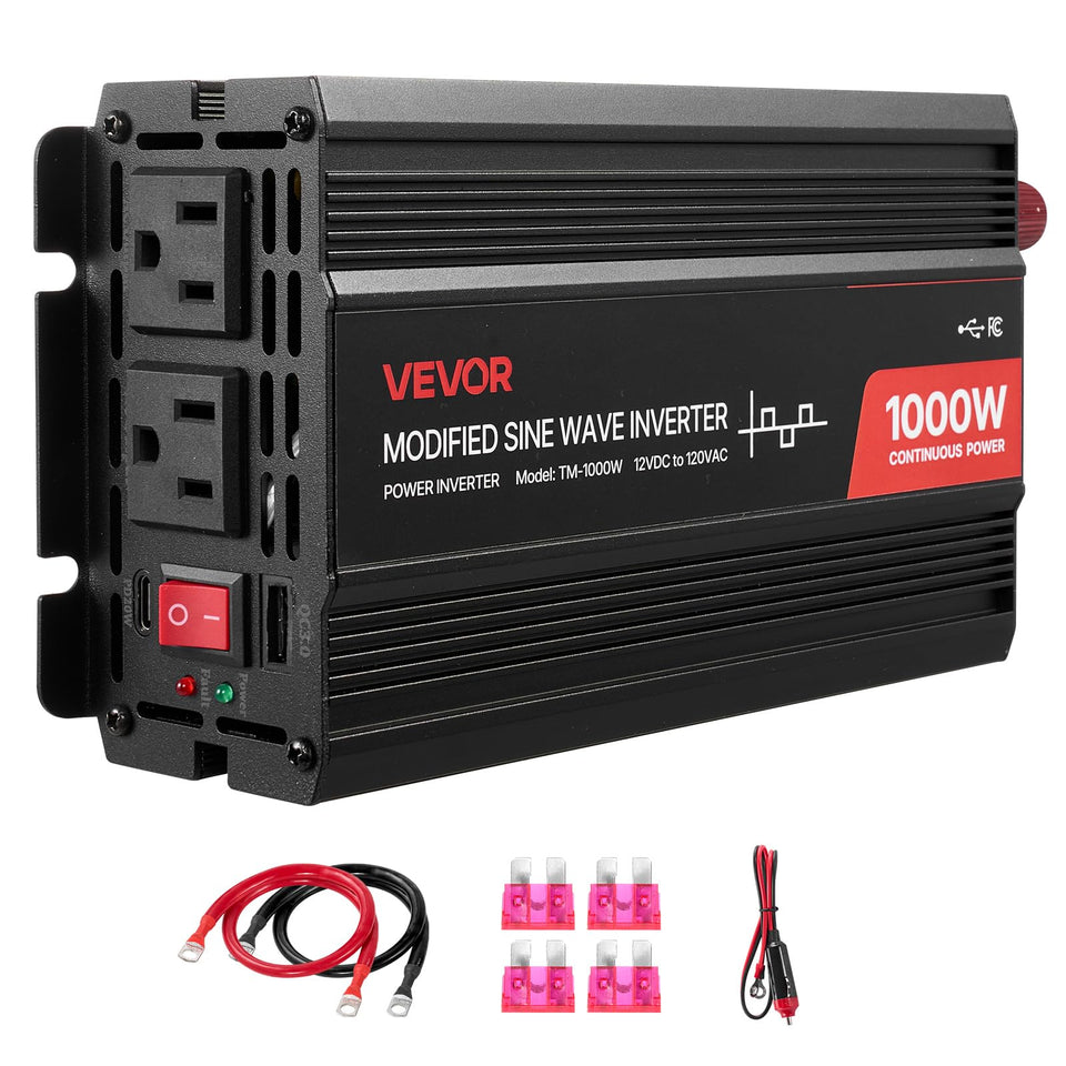 VEVOR 1000W power inverter front view with multiple charging ports for on-the-go use