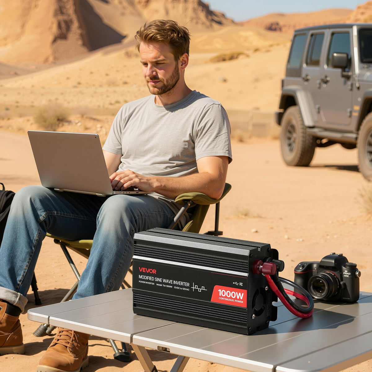 VEVOR 1000W inverter in an RV camping setup for mobile power