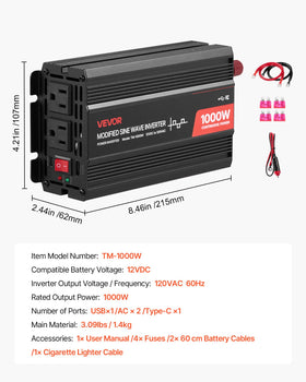VEVOR 1000W inverter smart cooling system maintains safe temperatures