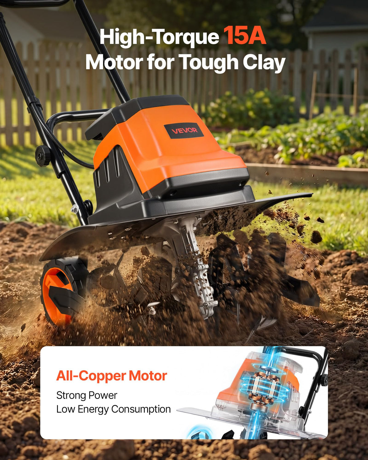 VEVOR 15-amp motor close-up highlights power for tough soil tasks.