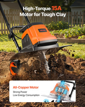 VEVOR 15-amp motor close-up highlights power for tough soil tasks.