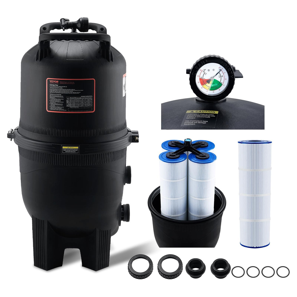VEVOR 2026 Pro filter tank front view highlights robust filtration capacity for large pools.