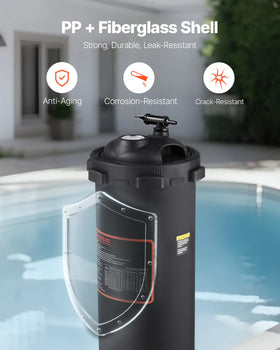 VEVOR 2026 Pro pool filter cartridge close-up highlights 50-micron ultra-fine filtration.