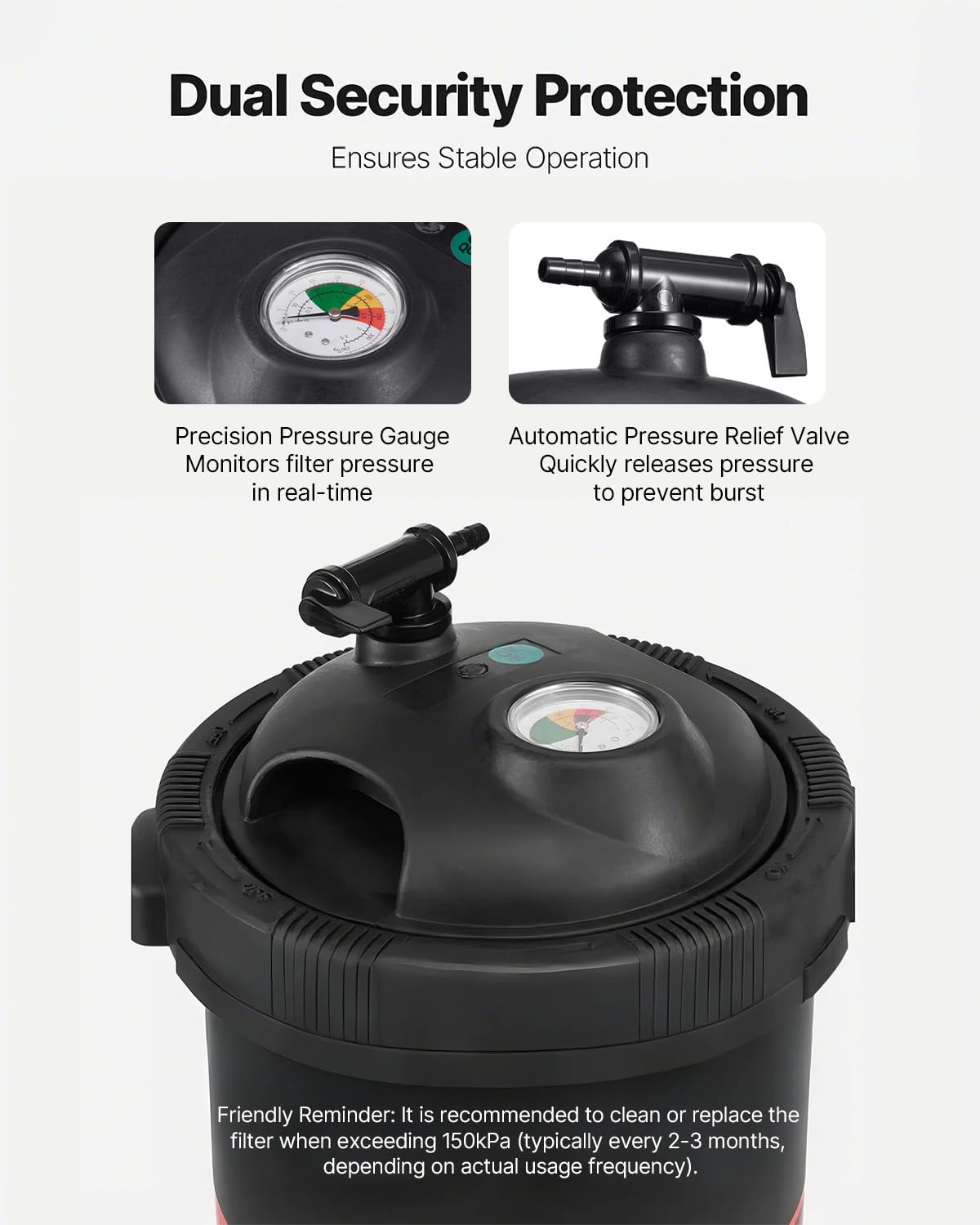VEVOR 2026 Pro pool filter automatic relief valve highlights safety feature.