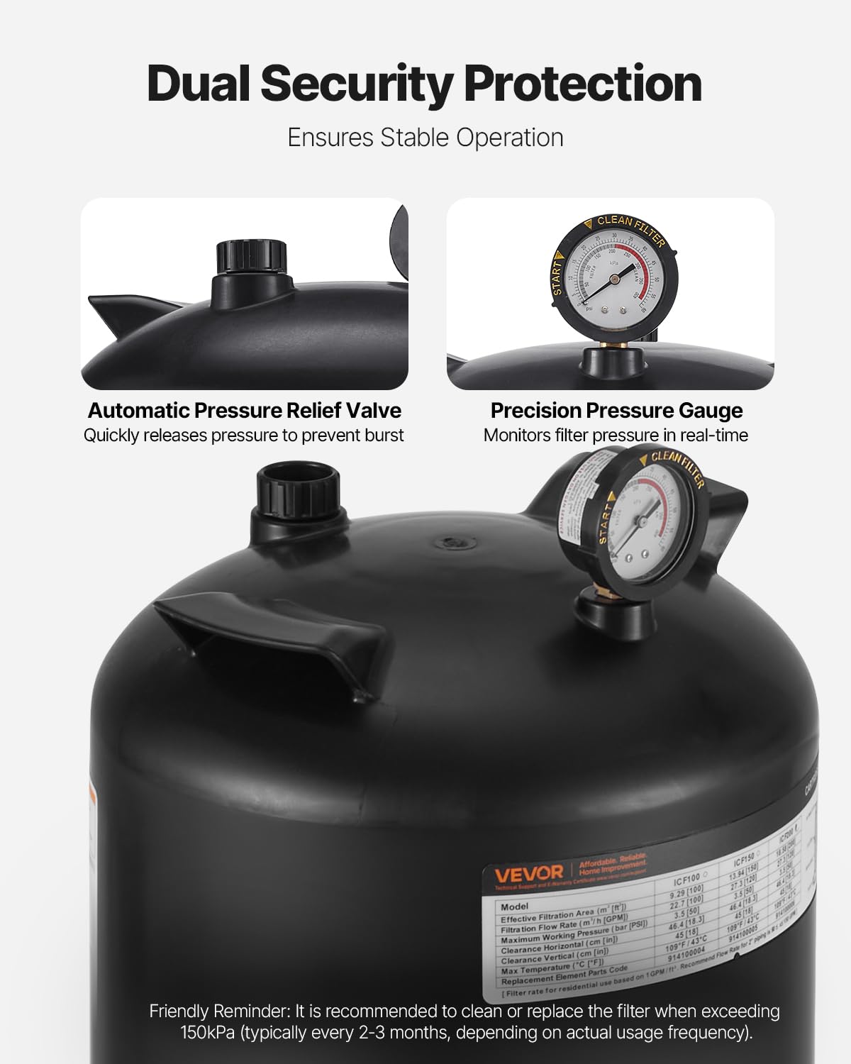 VEVOR 2026 Pro Pool Filter System pressure gauge demonstrates real-time monitoring.