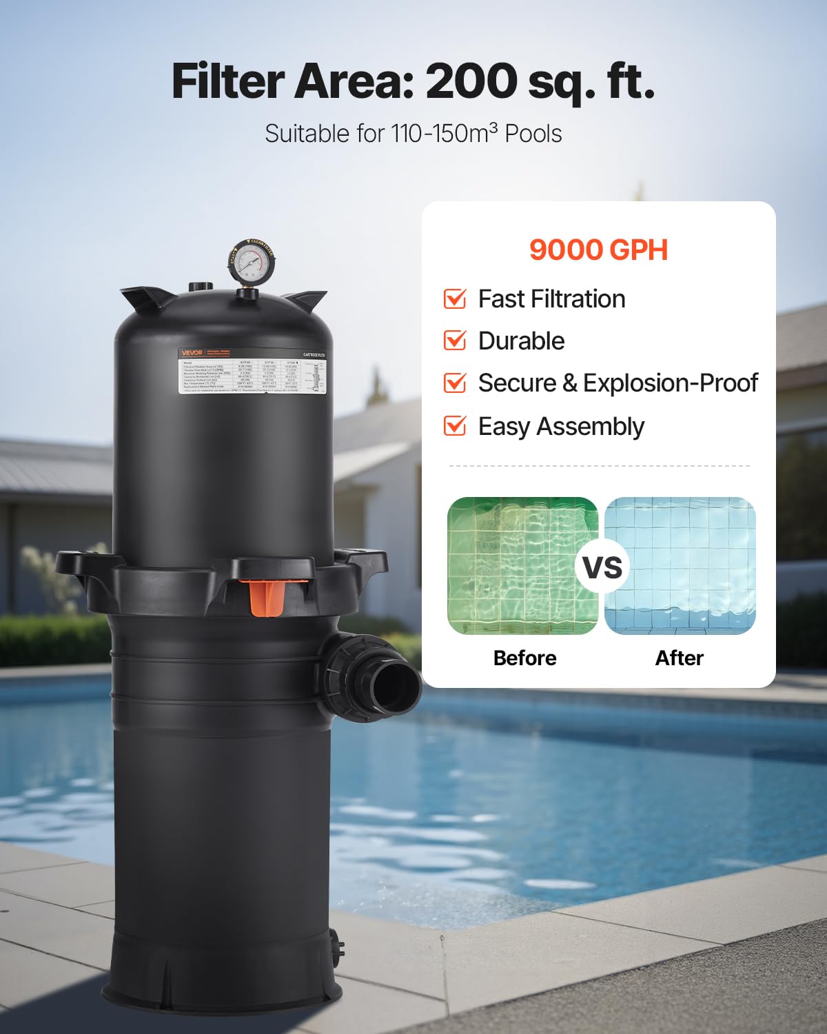 VEVOR 2026 Pro Pool Filter System side view highlights sturdy connectors for leak-free setup.