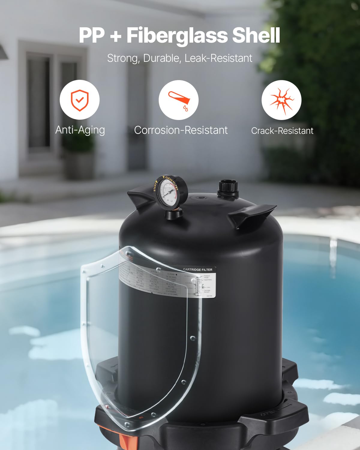 VEVOR 2026 Pro Pool Filter System top cover emphasizes easy access and maintenance.