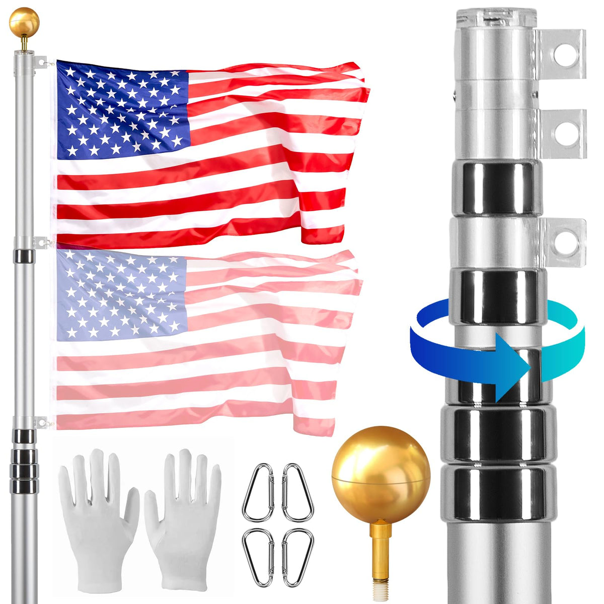 VEVOR 30ft telescoping flag pole kit in silver for outdoor display