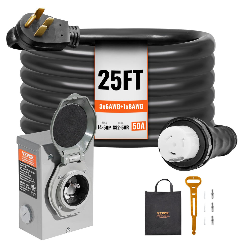 VEVOR 50A generator cord with twist-lock plug for secure outdoor connections.