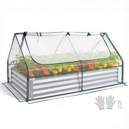VEVOR 6x3x1ft metal raised garden bed with greenhouse cover in use for crops