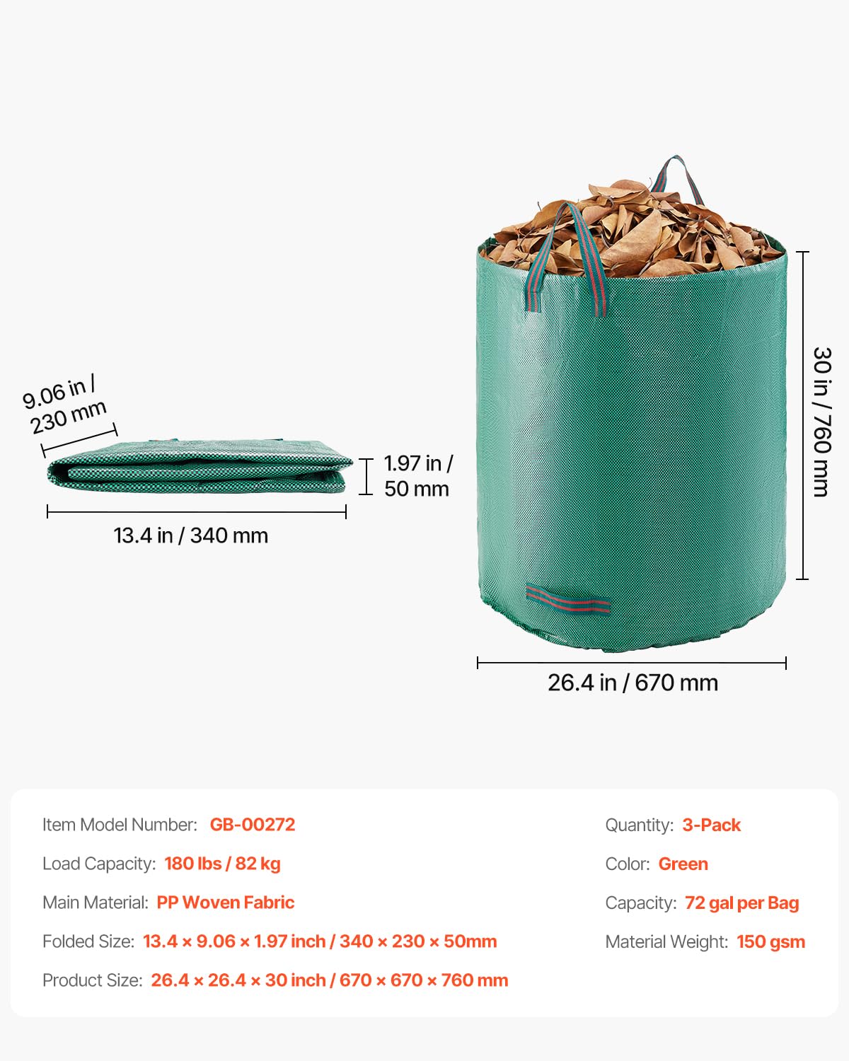 VEVOR large-capacity bag handles leaves, weeds, and garden waste.