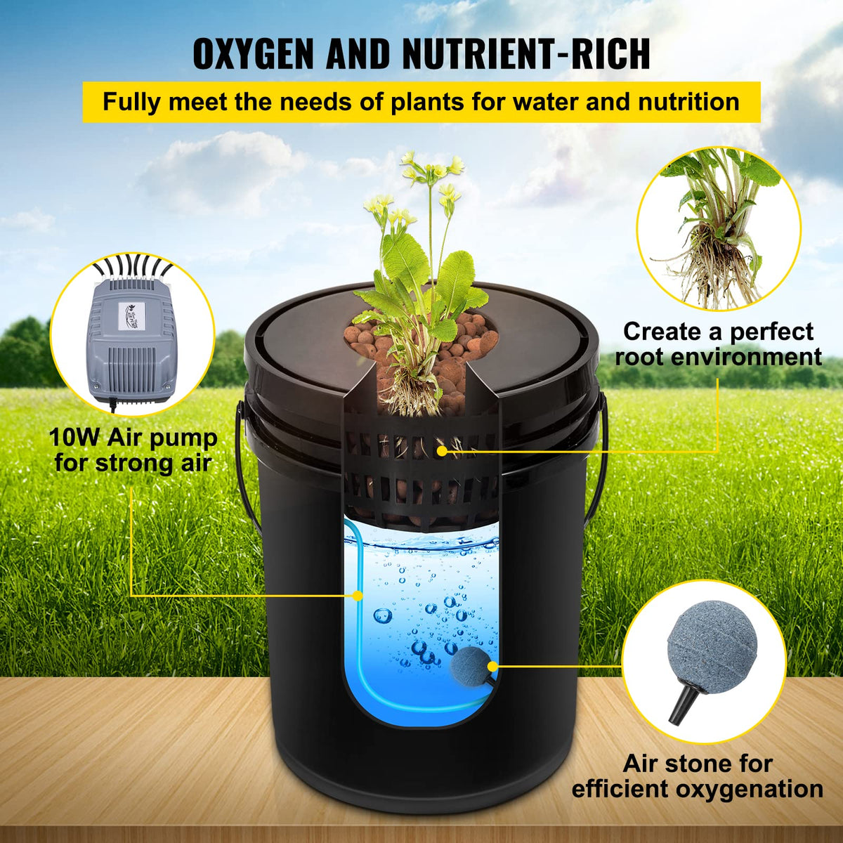 VEVOR 8W air pump supplies strong aeration for robust root systems.