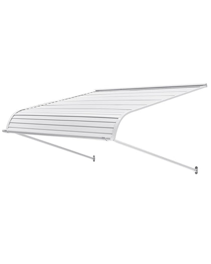 VEVOR aluminum awning at the front door for shade and rain protection.
