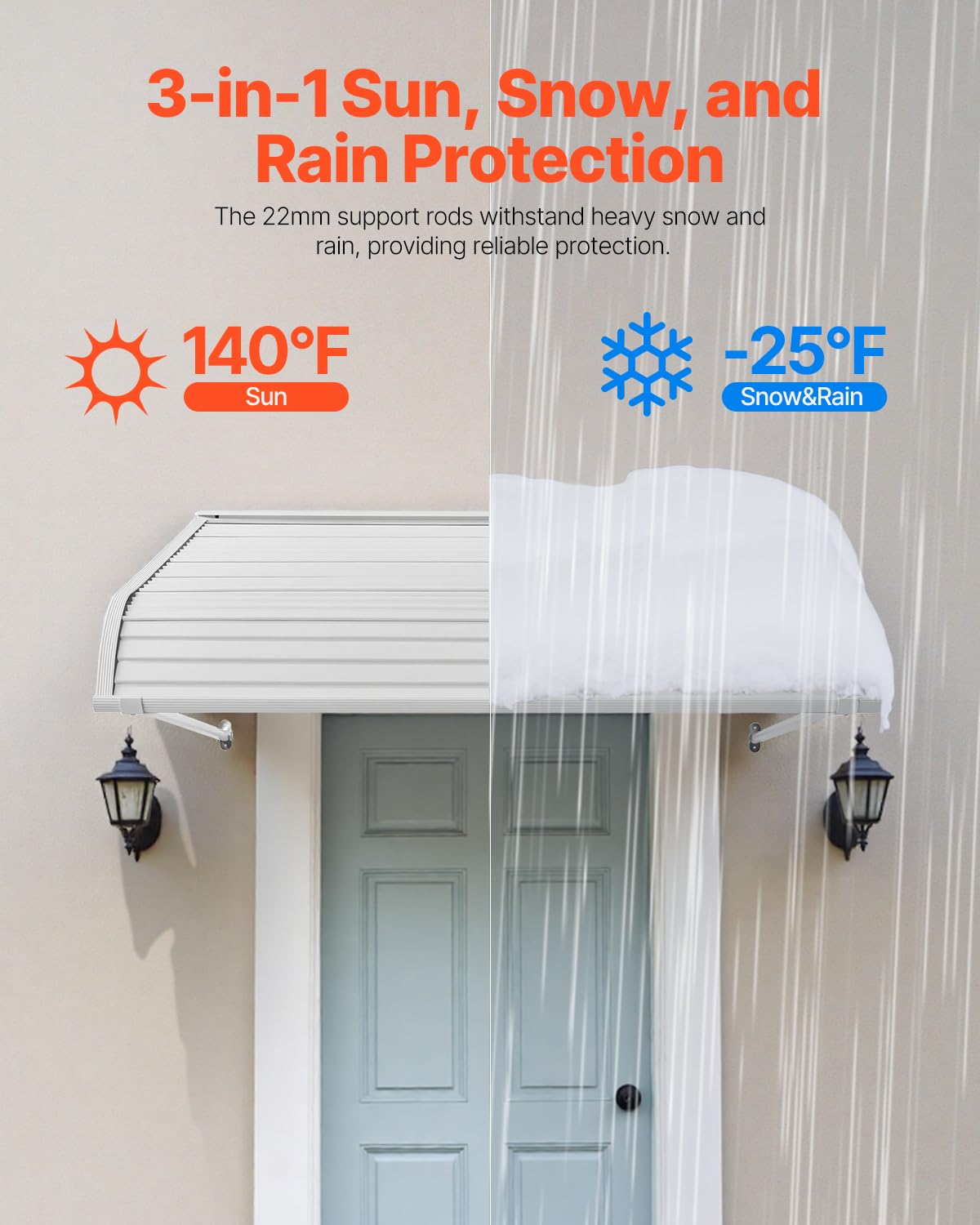 VEVOR awning drainage system keeps outdoor space dry in rain.