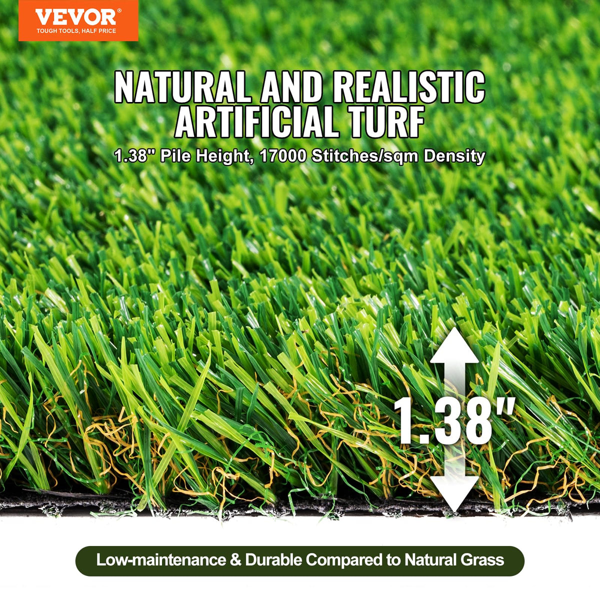 VEVOR artificial grass turf 1.38in height offers soft, comfortable footing outdoors.
