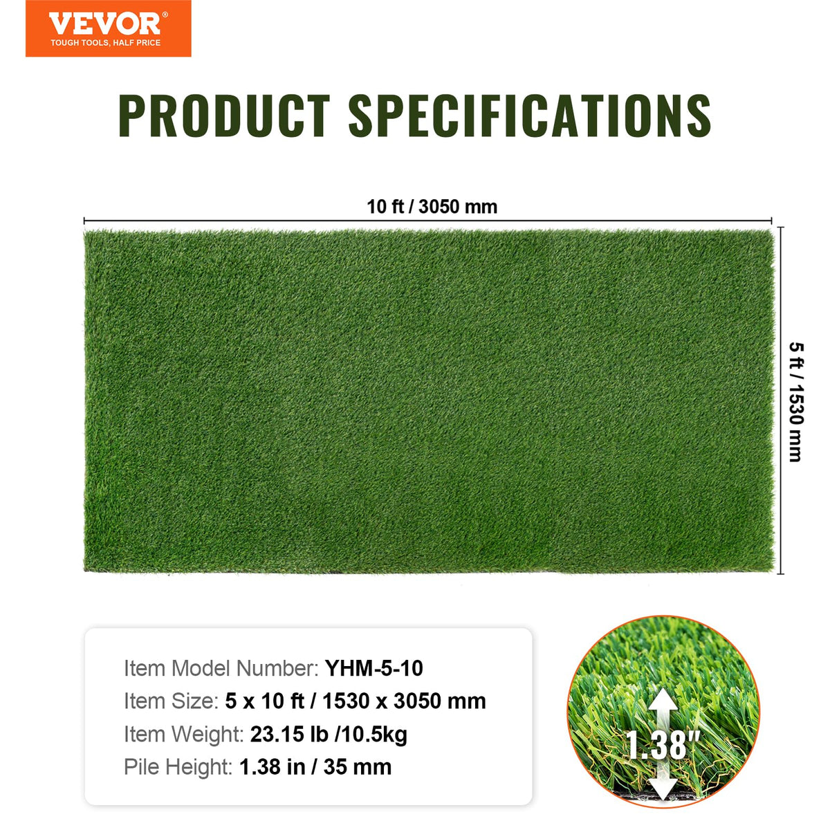 VEVOR artificial grass turf rubber backing provides stability and tear resistance.