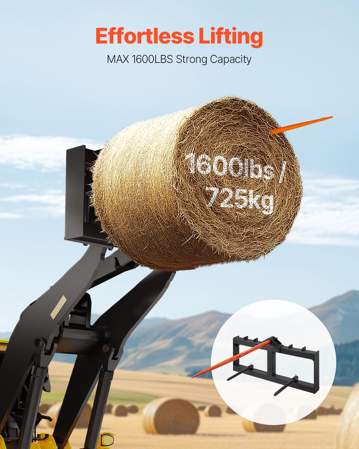 VEVOR bale spears stabilizers highlight quick-attach compatibility.