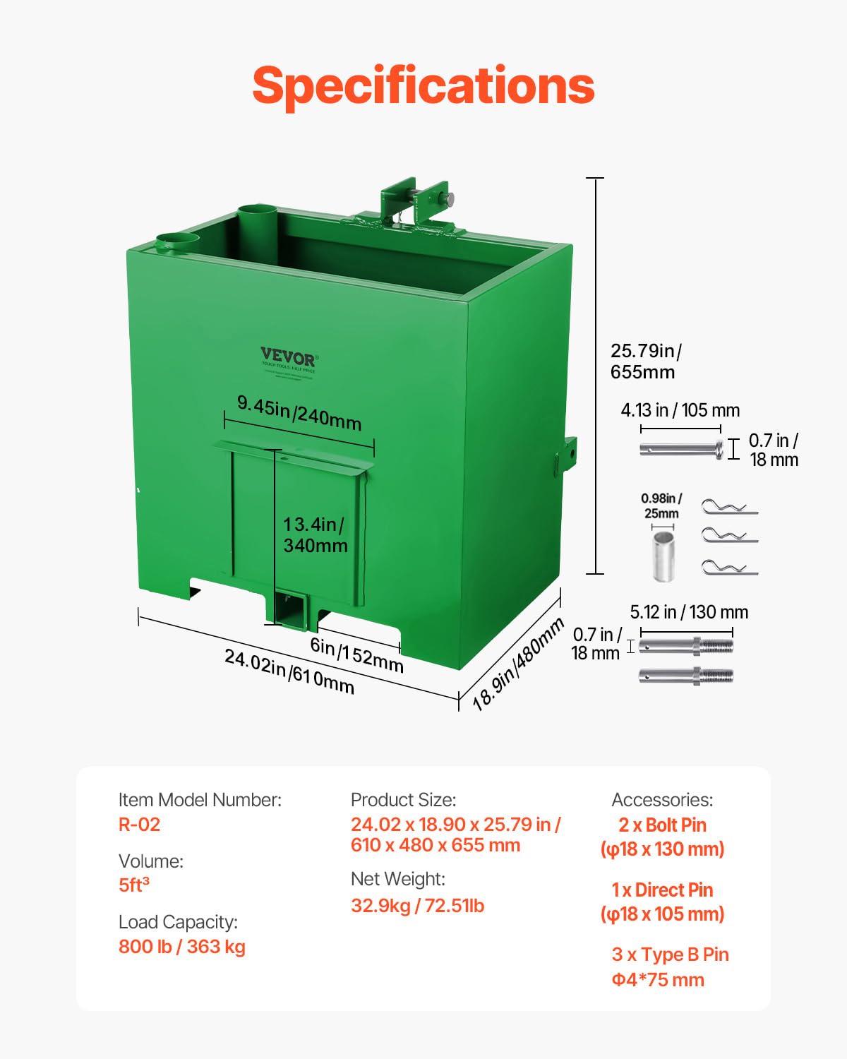 VEVOR ballast box five-cubic-feet-volume provides ample space for weights and tools