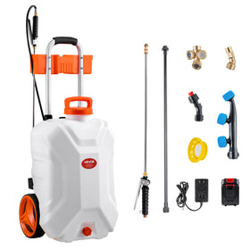 VEVOR battery-powered sprayer on a wheeled cart with 10-gallon tank for easy spraying
