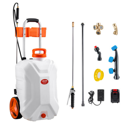 VEVOR battery-powered sprayer on a wheeled cart with 10-gallon tank for easy spraying