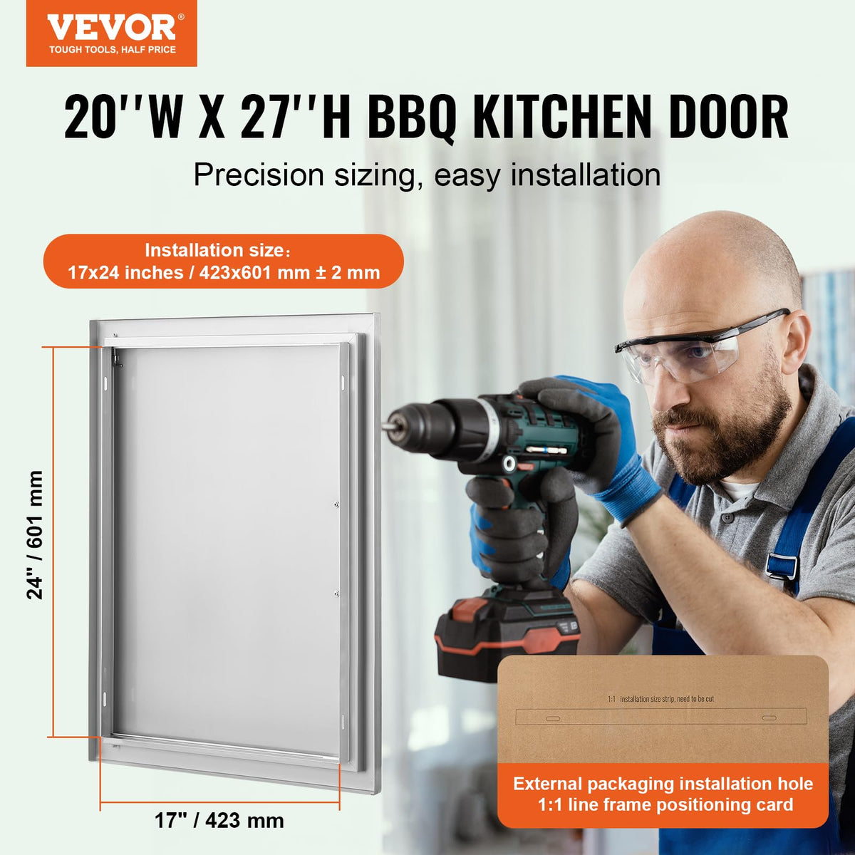VEVOR BBQ Access Door dimensions guide indicating precise fit for installation
