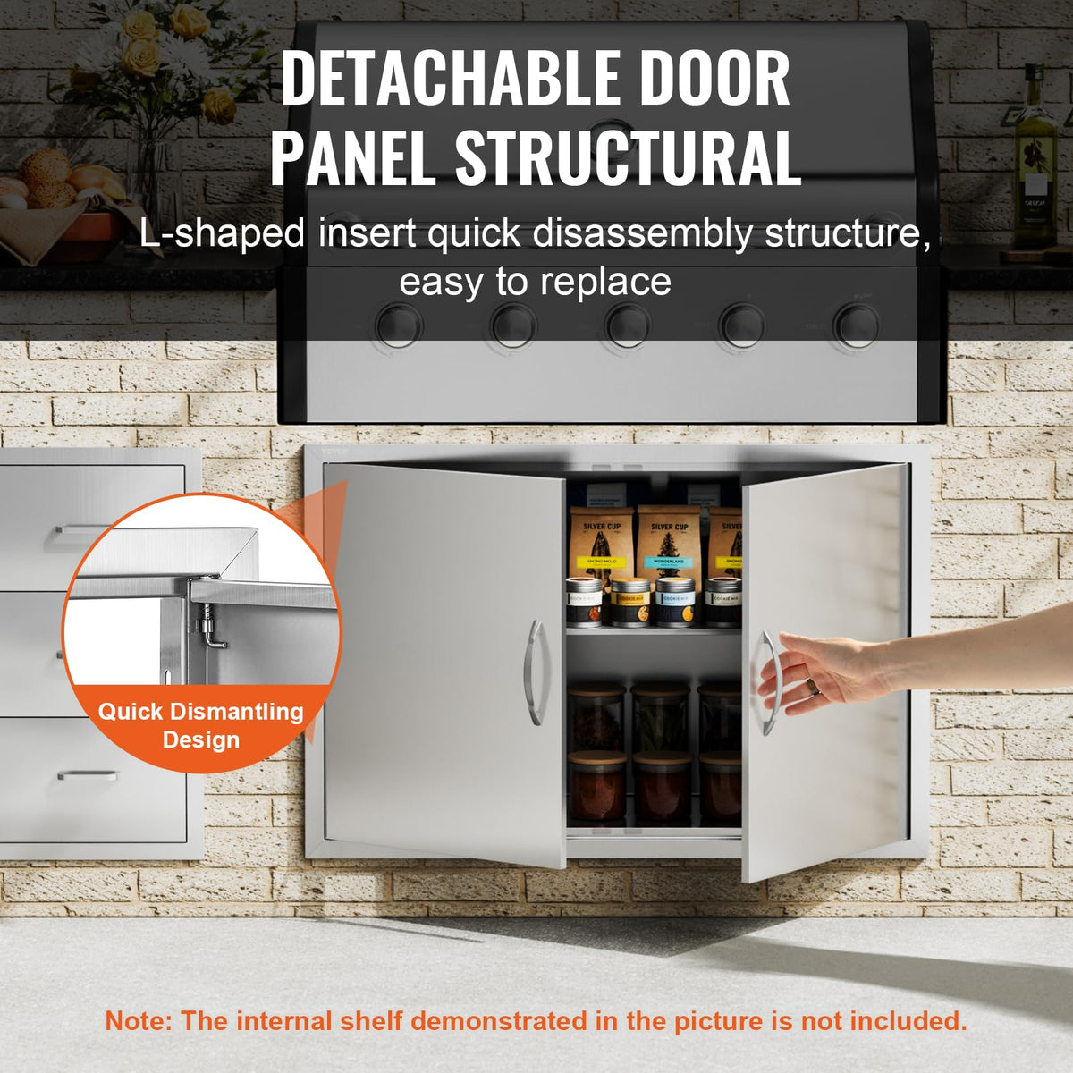 VEVOR BBQ Access Door magnets demonstrate secure closure for outdoor cabinets.
