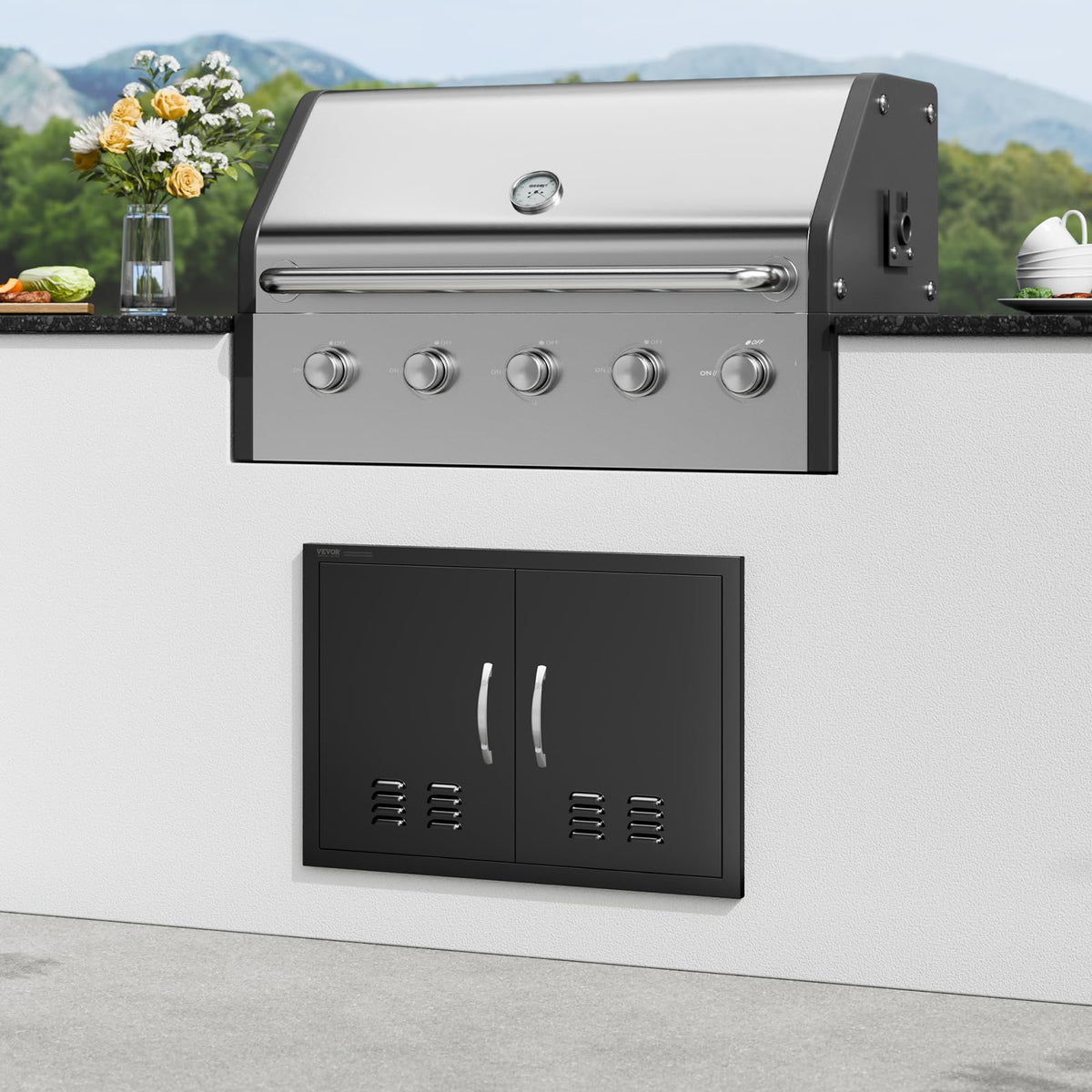 VEVOR BBQ Access Door matte black finish conveys a premium, low-maintenance outdoor kitchen look.