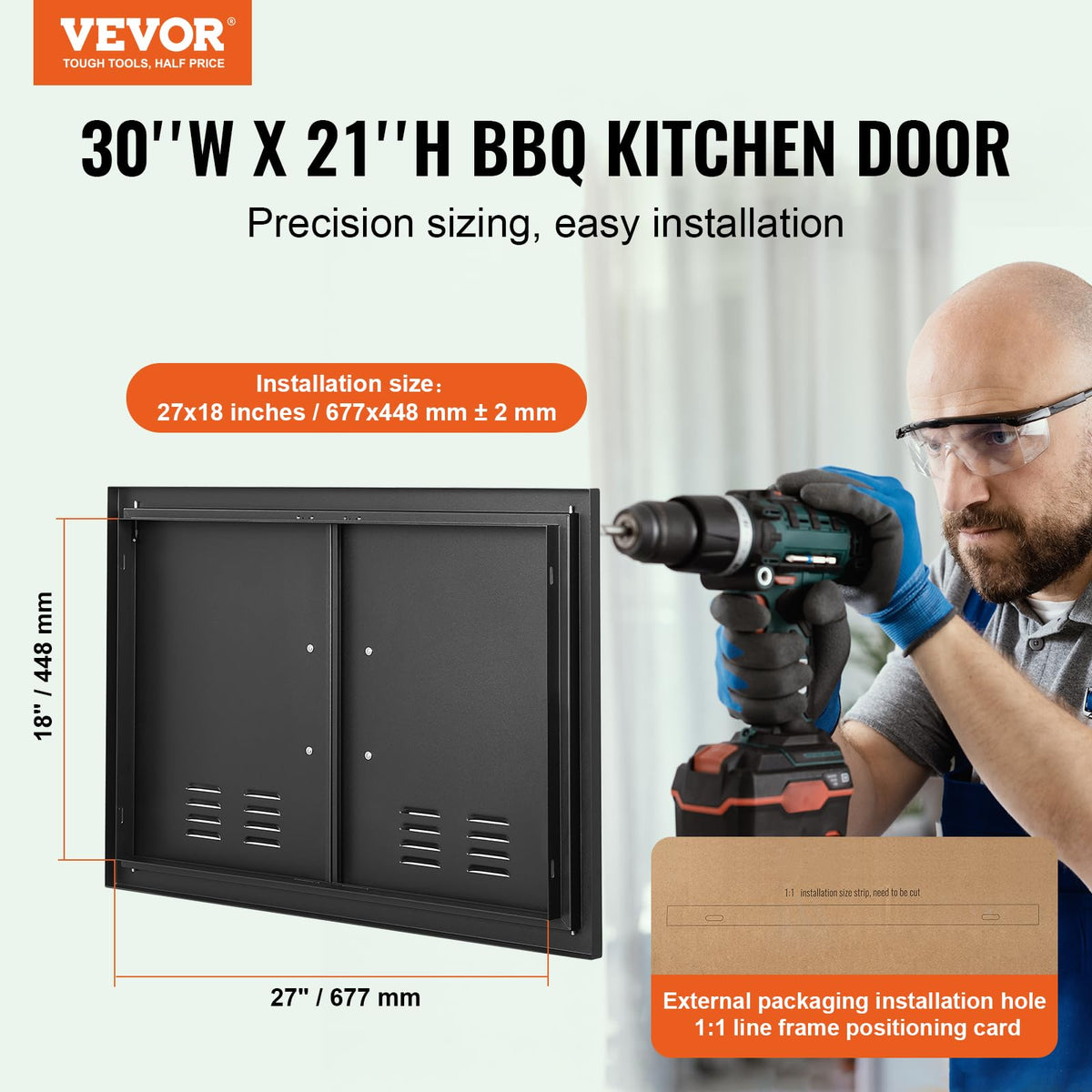 VEVOR BBQ Access Door open-angle detail reveals easy operation in tight outdoor layouts.