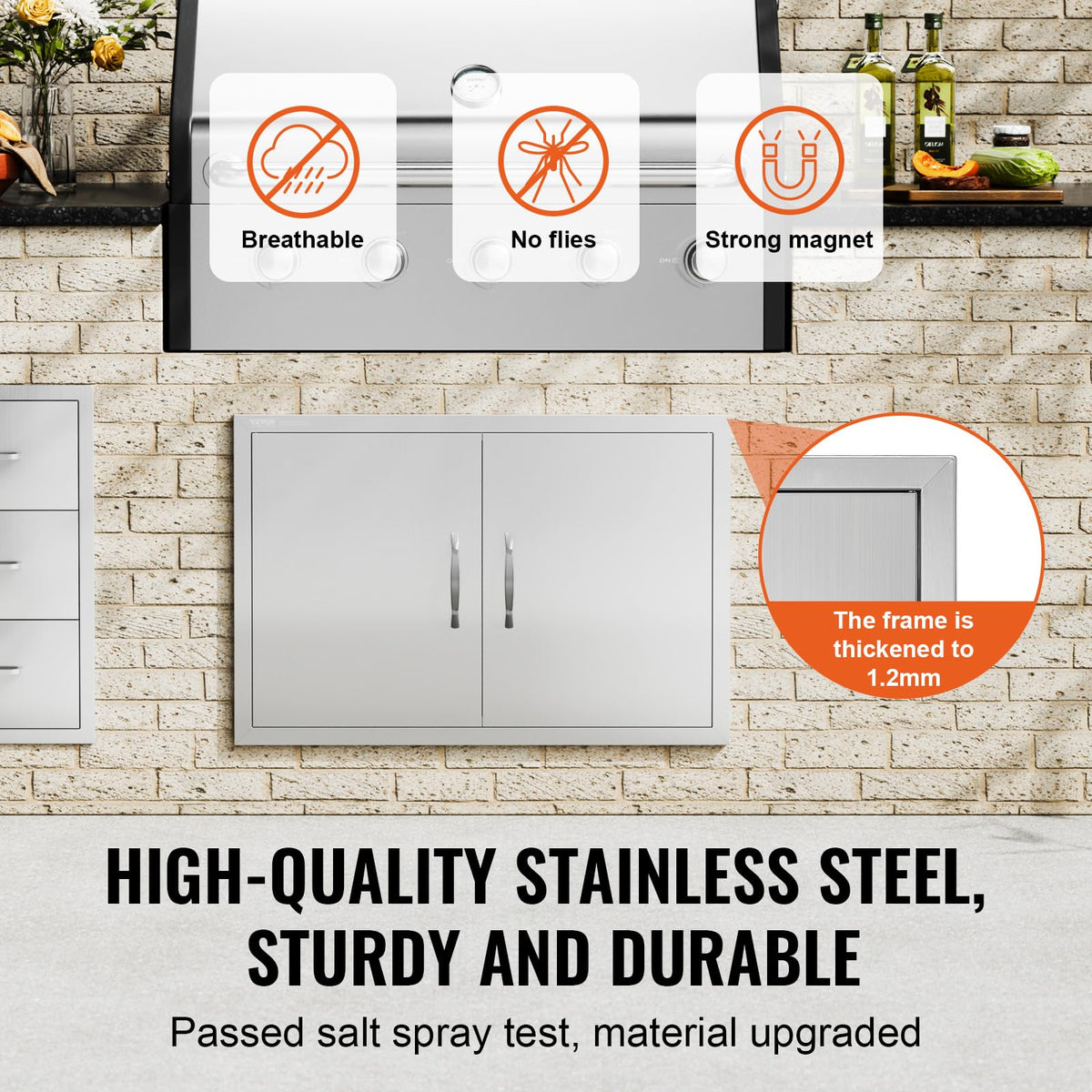 VEVOR BBQ access door open detail illustrating flush mount and easy access