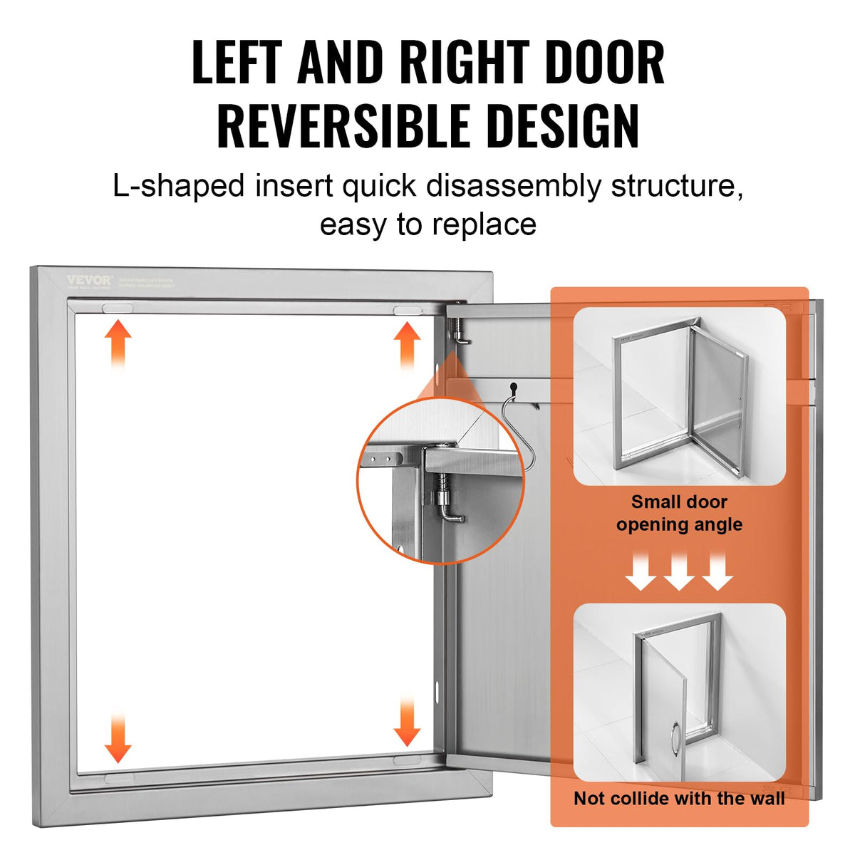 VEVOR BBQ access door reversible hinge enables flexible installation.