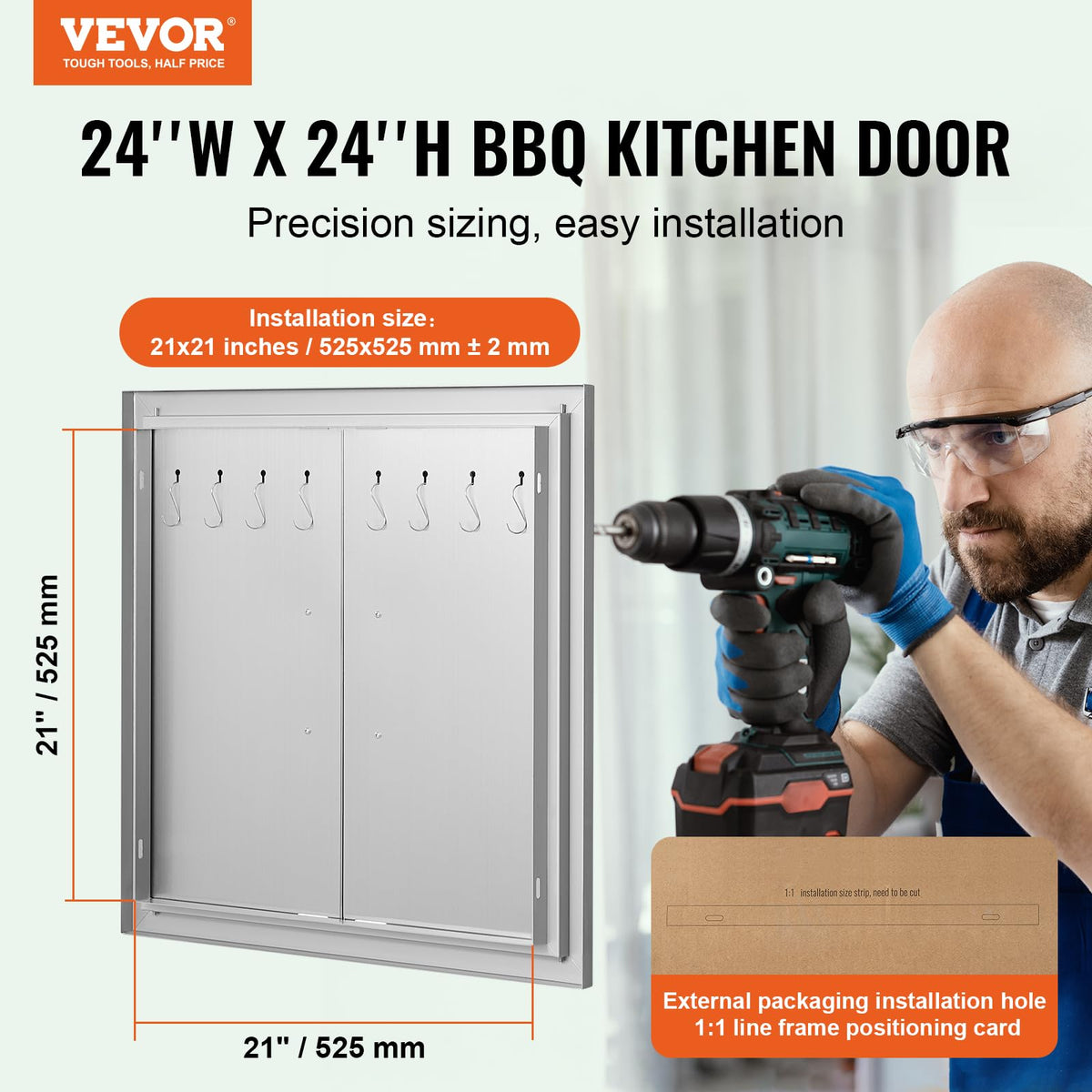 VEVOR BBQ access door side panel highlighting weatherproof construction.