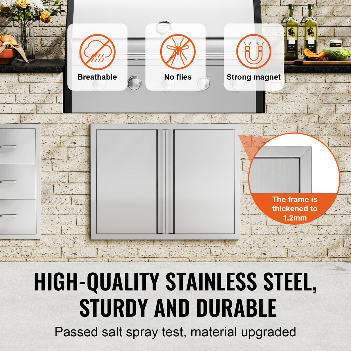 VEVOR BBQ access door stainless steel close-up highlights rust resistance.