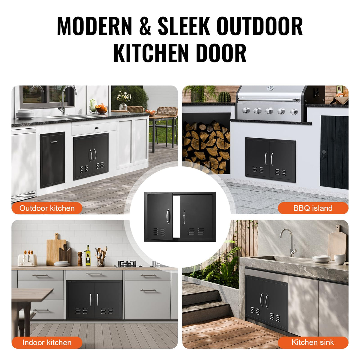 VEVOR BBQ Access Door vented storage shows improved air circulation for stored grilling tools.