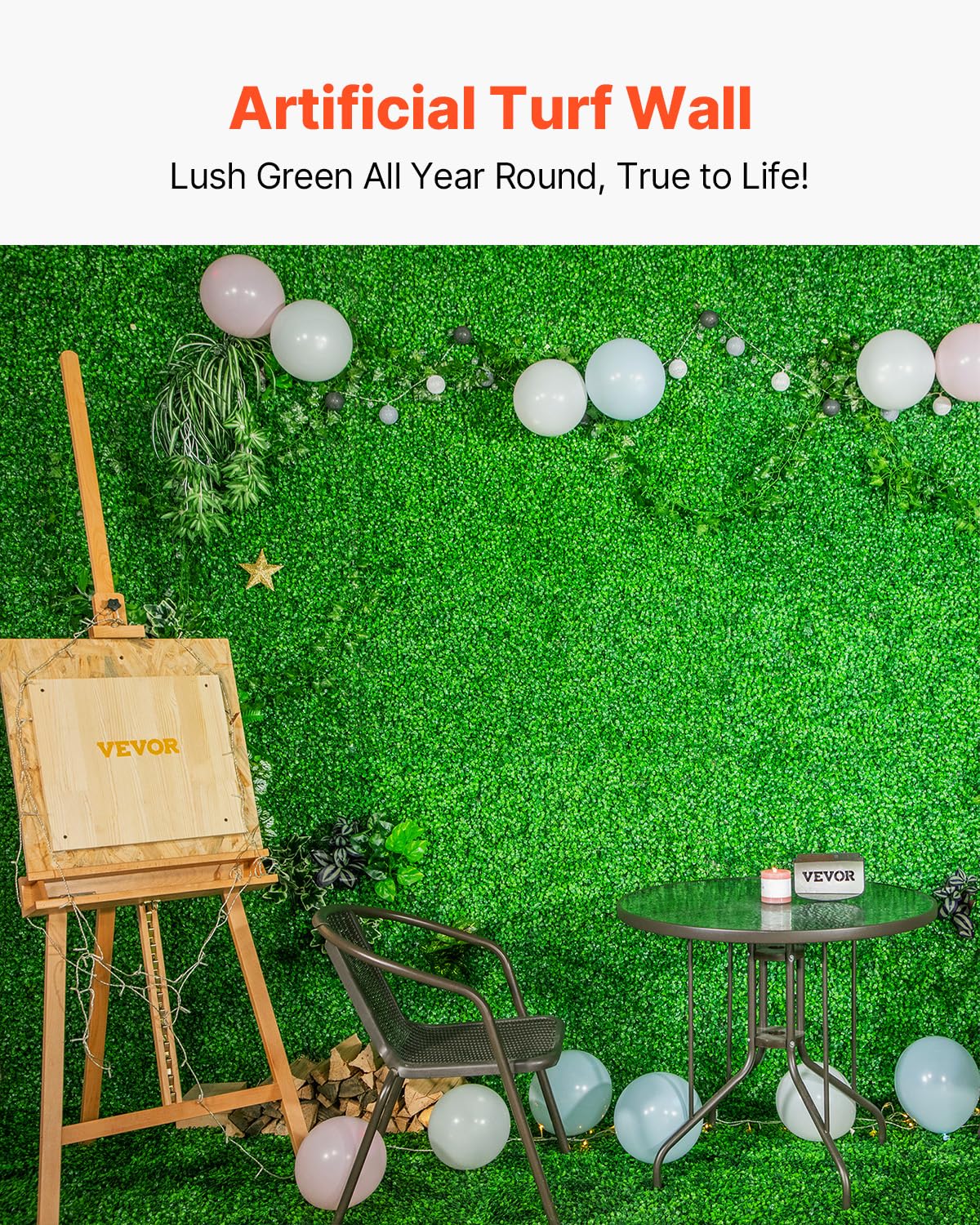 VEVOR boxwood panel forms a privacy wall with lush, realistic greenery.