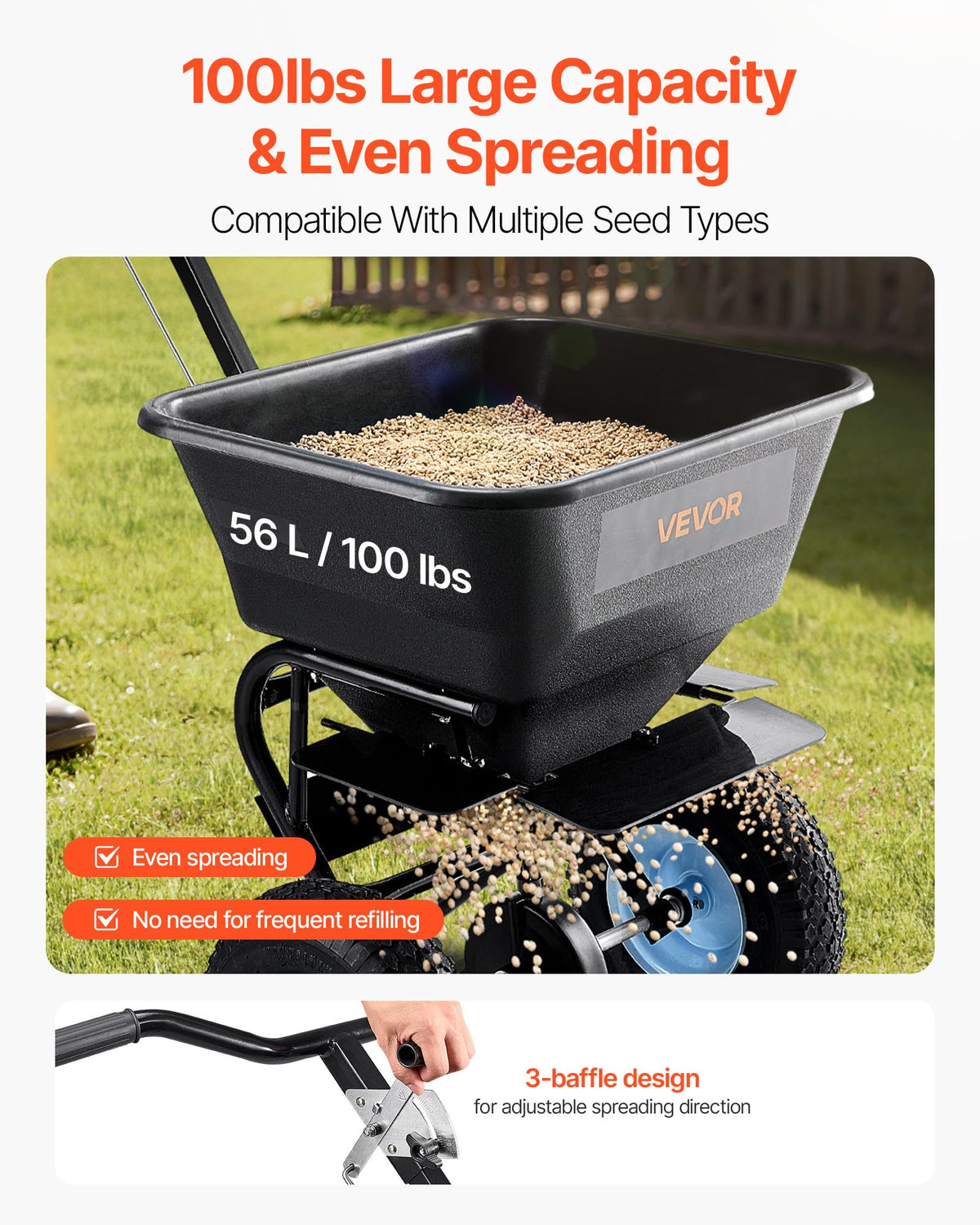 VEVOR spreader with 100lb capacity to minimize refills during large projects