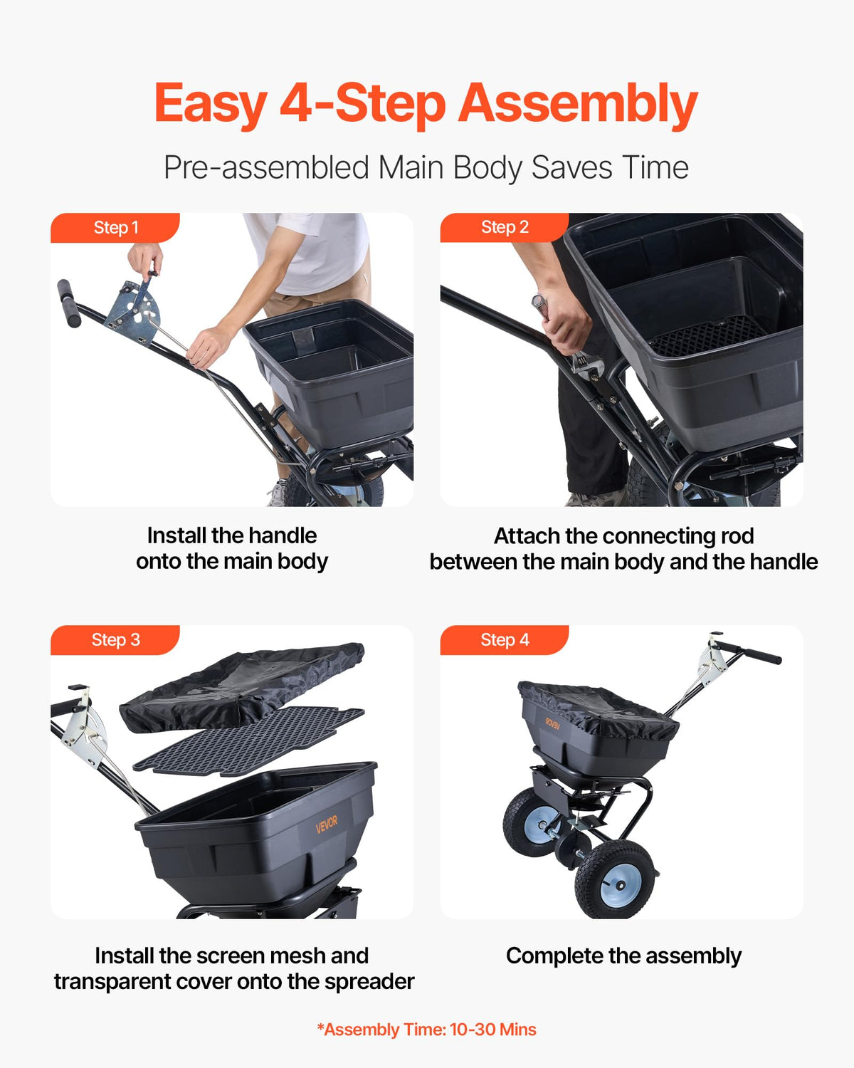 VEVOR spreader features 13-inch wheels for easy navigation on uneven ground