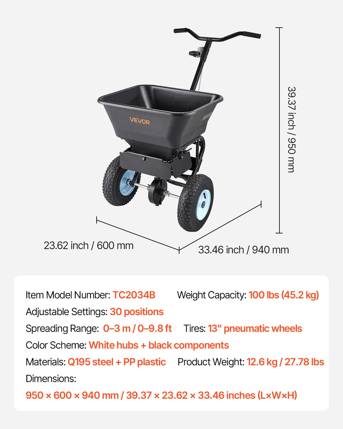 VEVOR spreader with all-terrain design for stable operation across surfaces