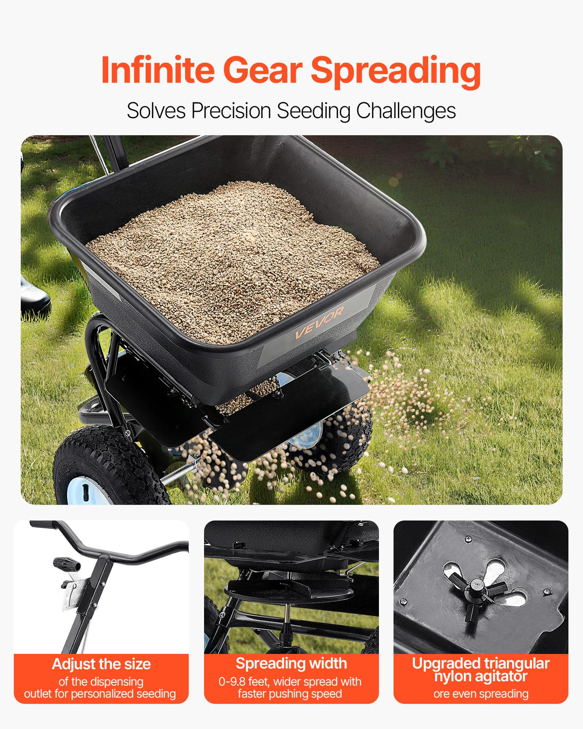 VEVOR spreader enables precise seeding with adjustable output for even distribution
