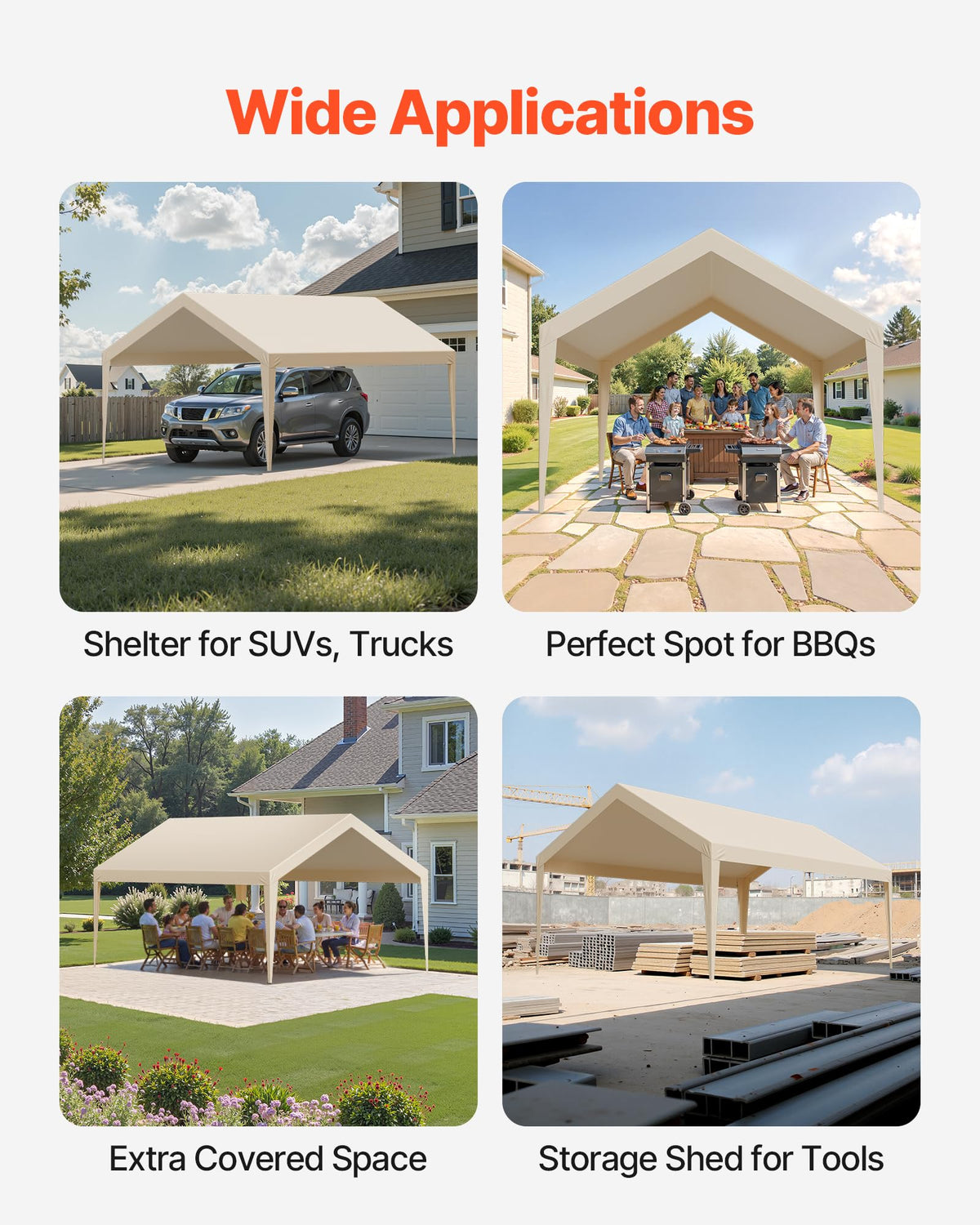 VEVOR carport canopy with 4 leg skirts helps seal the base against drafts.