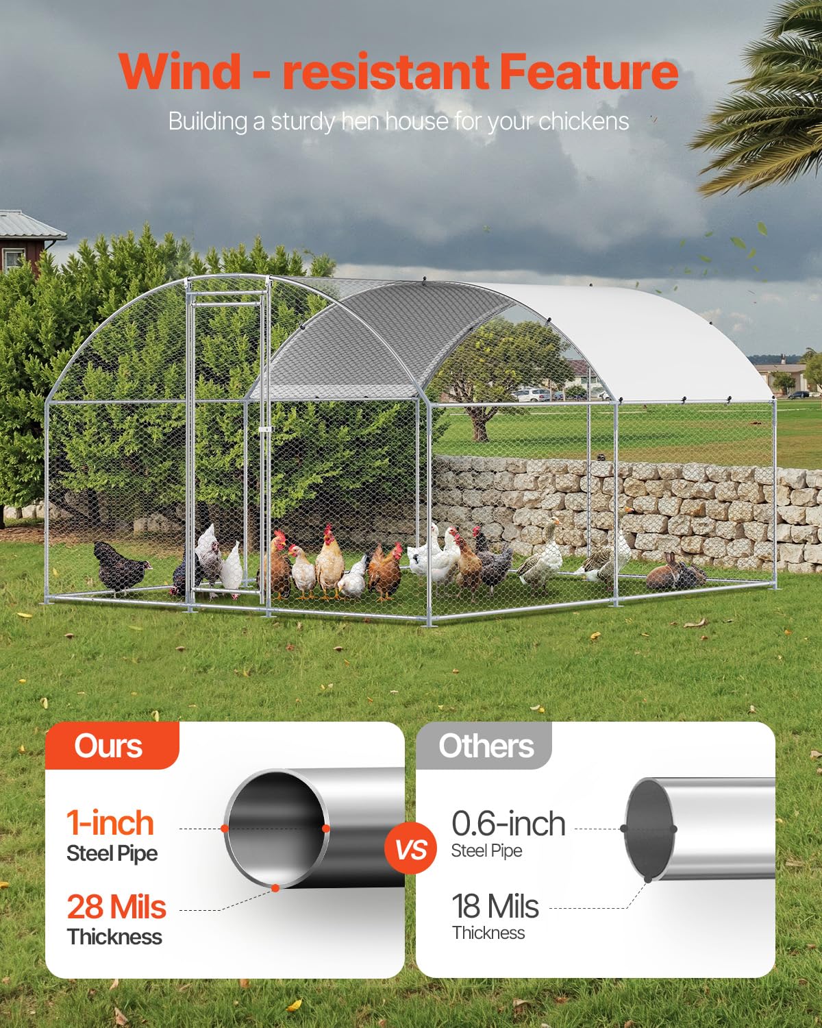 VEVOR coop dome roof design helps water drain and keep the space dry.