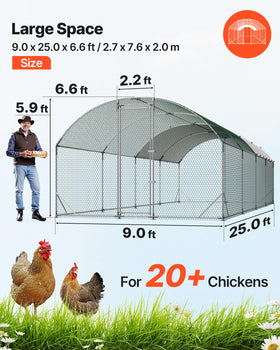 VEVOR chicken coop 9x25 ft footprint offers ample space for flock movement.
