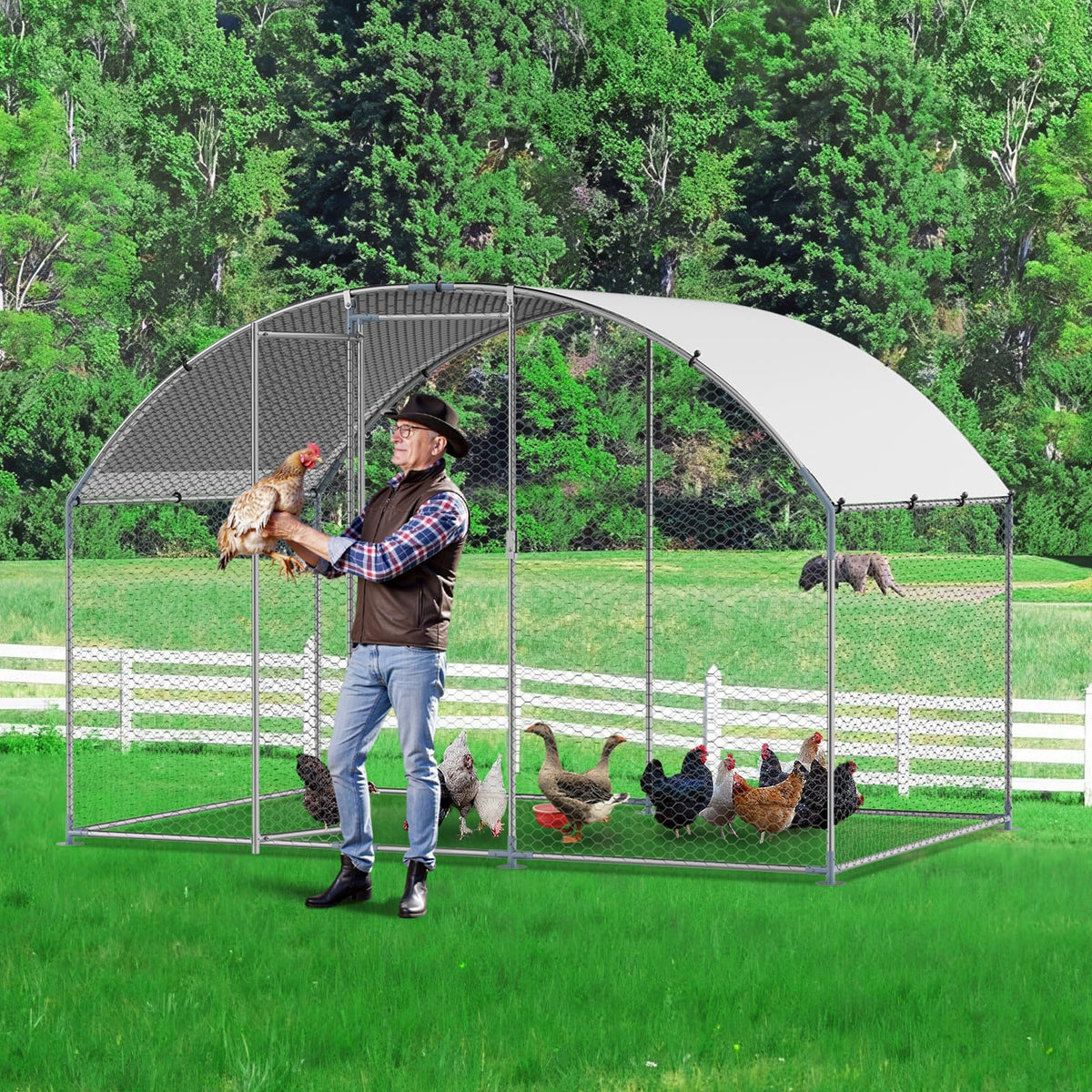 VEVOR walk-in coop with run showing simple two-person assembly process.