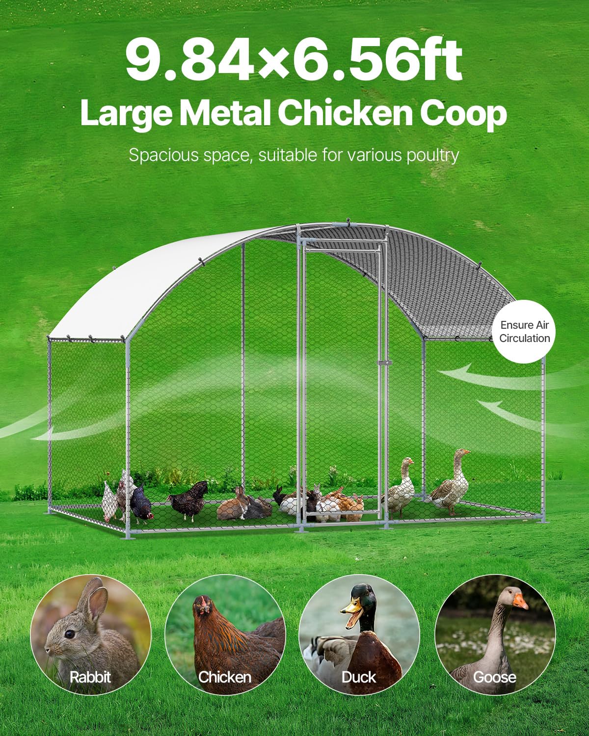 VEVOR chicken coop with run and waterproof tarp emphasizing outdoor protection for occupants.