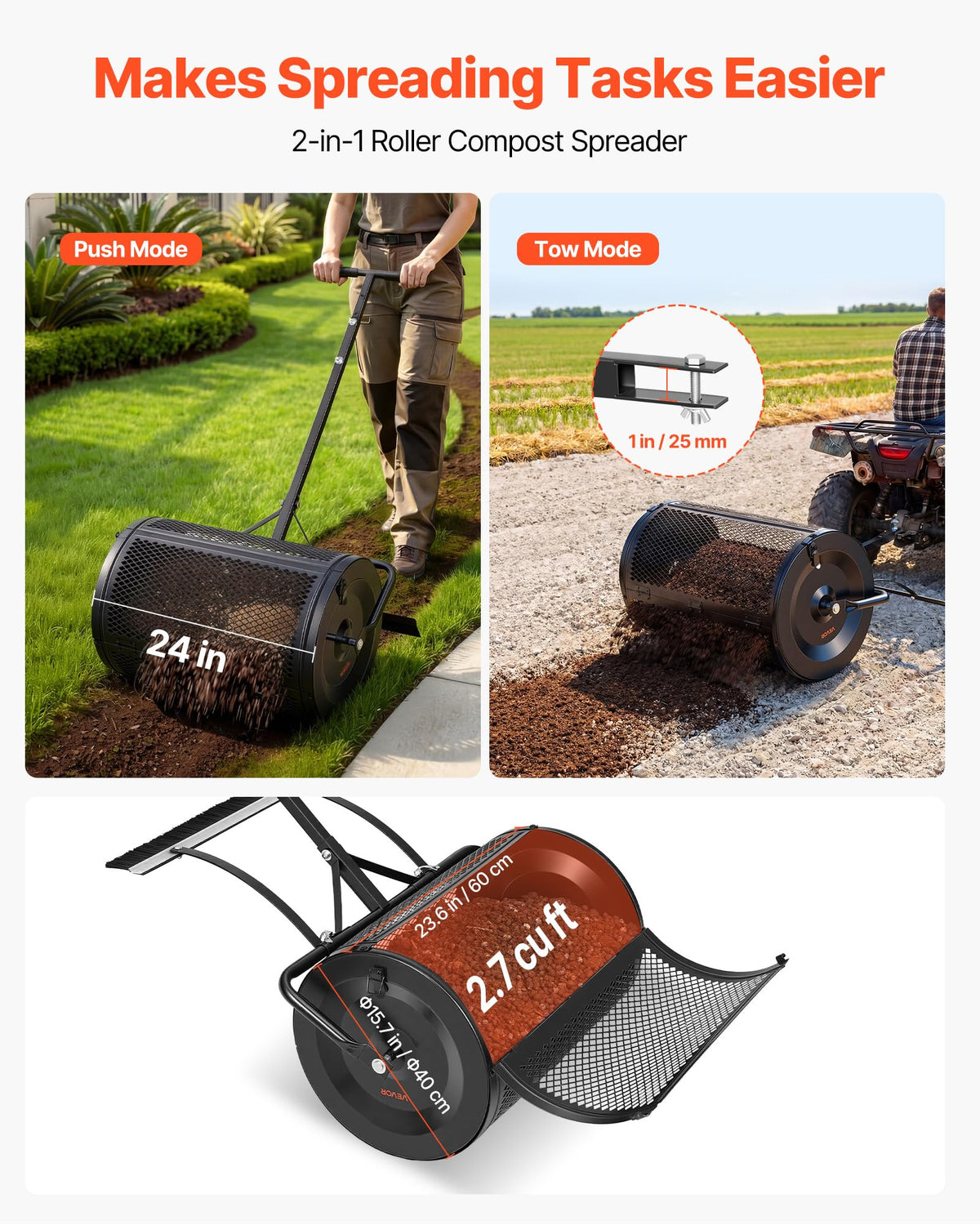 VEVOR compost spreader leveling brush enables consistent leveling during spreading