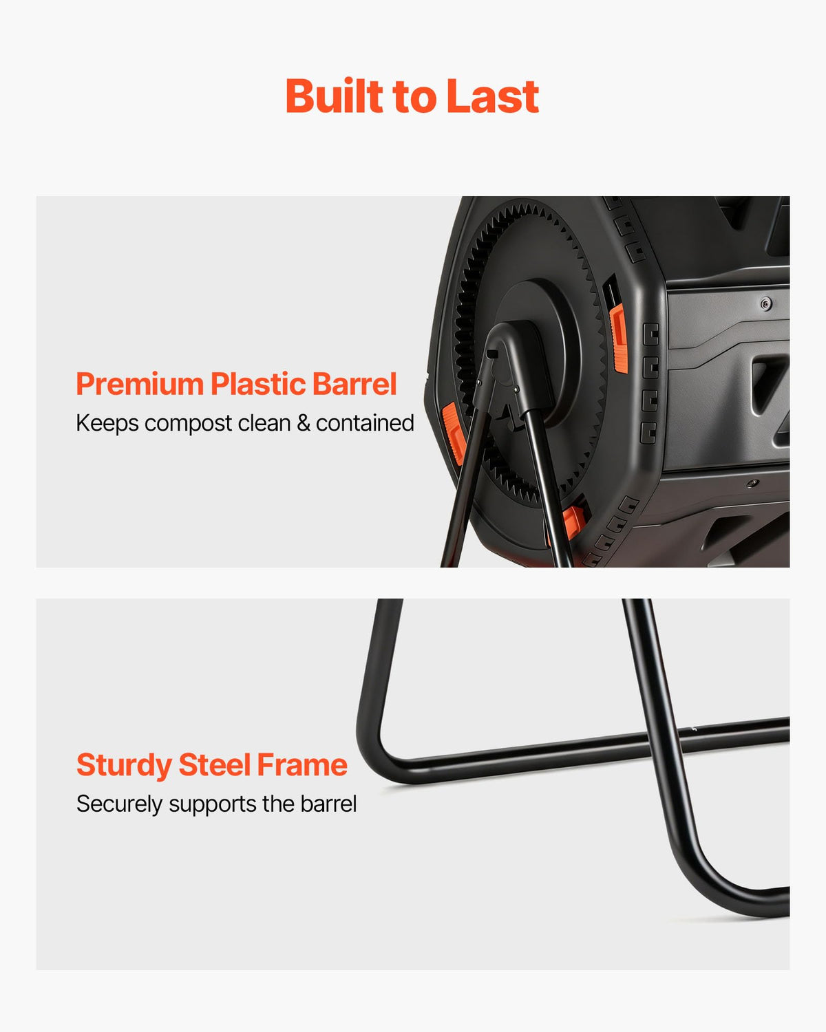 VEVOR compost tumbler durable plastic barrel resists rust and weathering.