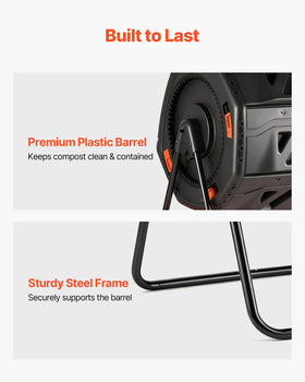 VEVOR compost tumbler durable plastic barrel resists rust and weathering.