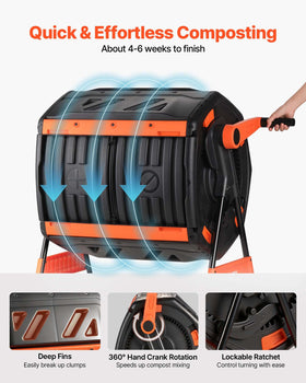 VEVOR compost tumbler easy-turn crank accelerates mixing for faster composting.