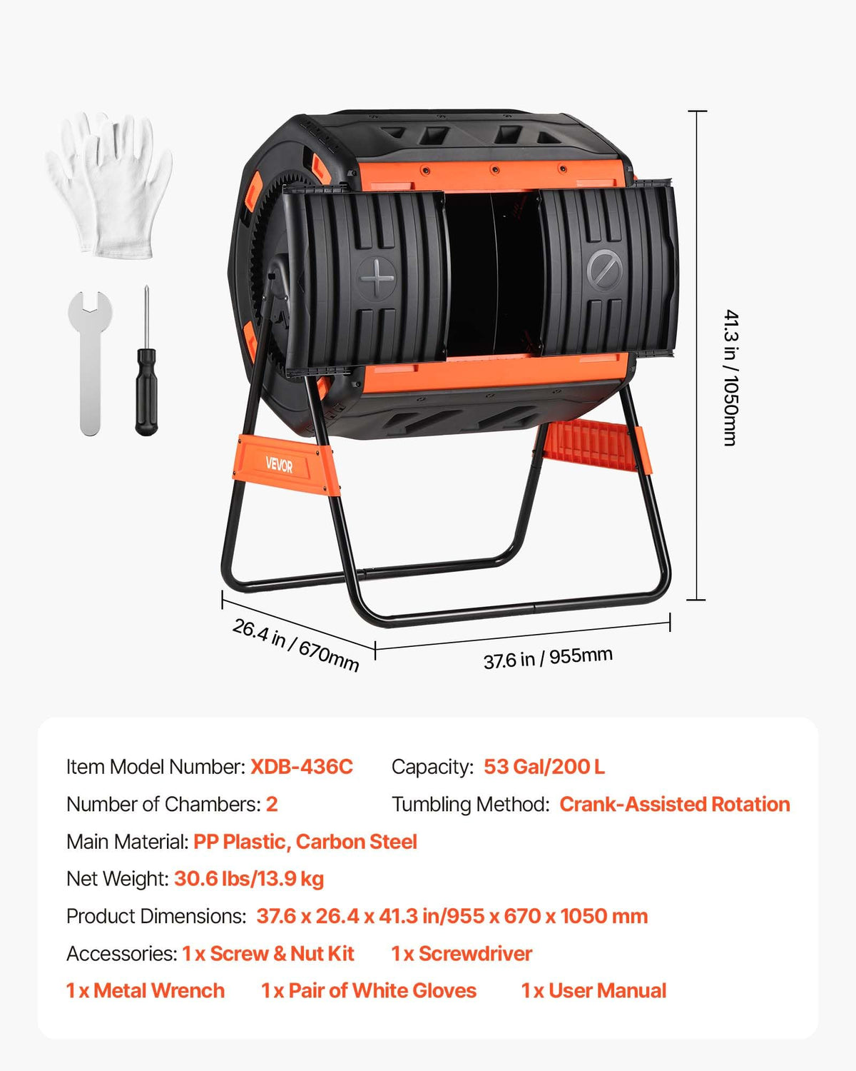 VEVOR compost tumbler powder-coated steel frame withstands outdoor use.