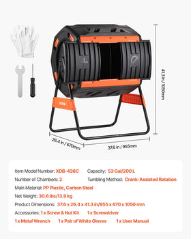 VEVOR compost tumbler powder-coated steel frame withstands outdoor use.